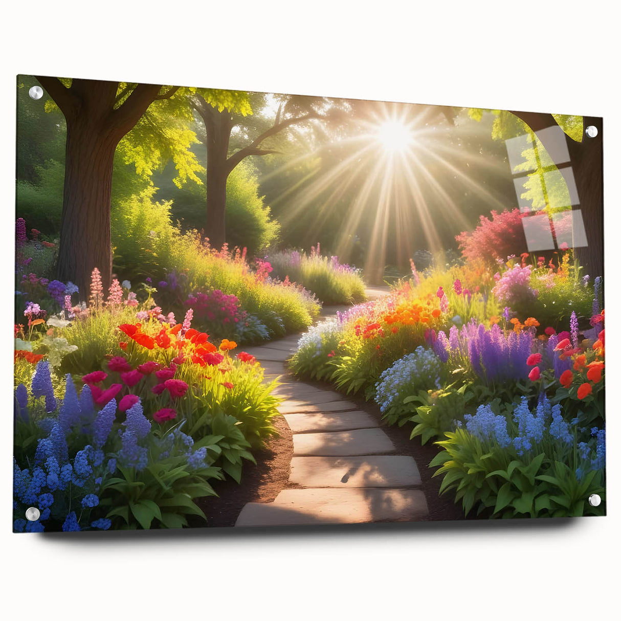 Acrylic wall art collection showcasing a vibrant landscape garden design, displayed in a side view with elegant pins for mounting, perfect for enhancing home decor.