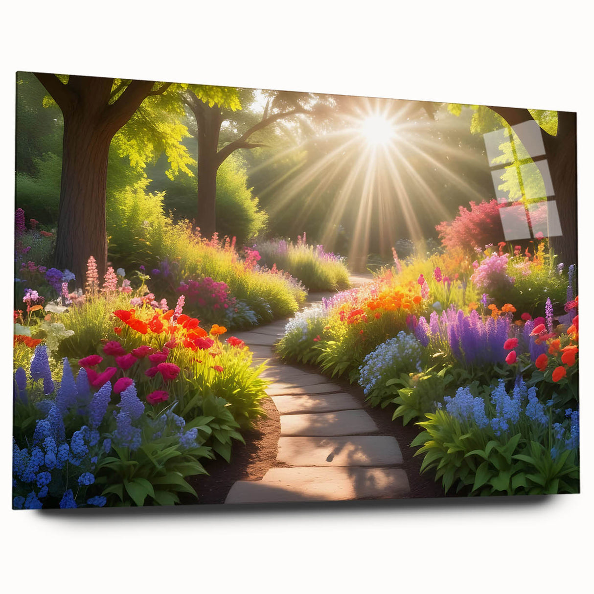 Acrylic glass wall art piece showcasing a modern landscape garden design with vibrant colors and intricate details, presented in a side view without pins. Ideal for contemporary home décor.