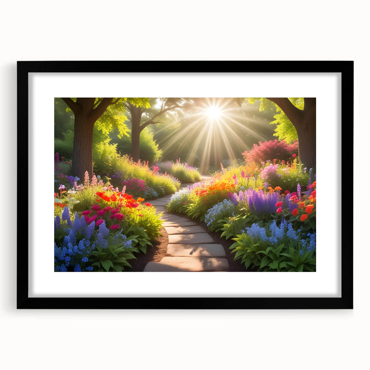 Framed wall art featuring a stunning landscape garden design, showcasing vibrant colors and intricate details, set in a sleek black frame with a mat. Perfect for home decor.