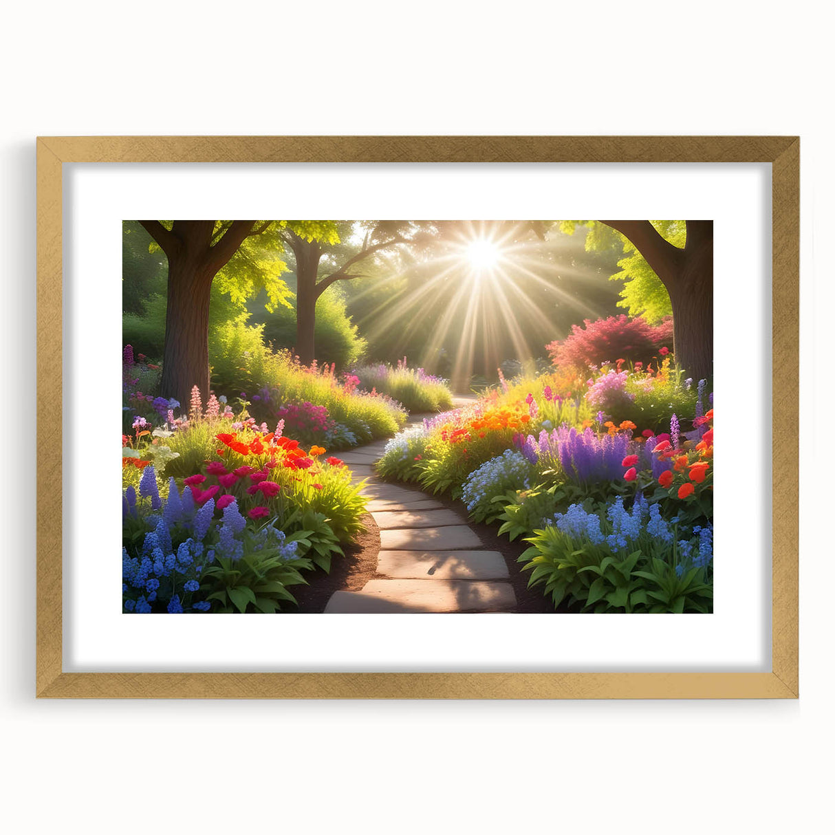 Framed wall art collection featuring a gold mat and intricate landscape garden design, showcasing vibrant colors and elegant aesthetics, ideal for home decor.