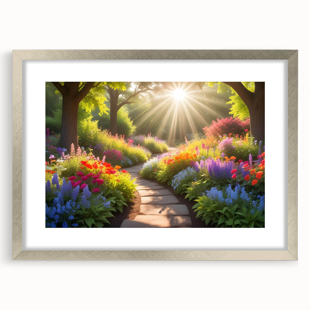 Framed wall art collection showcasing a serene landscape garden design with vibrant colors, featuring a sleek silver mat and elegant frame, perfect for home decor.