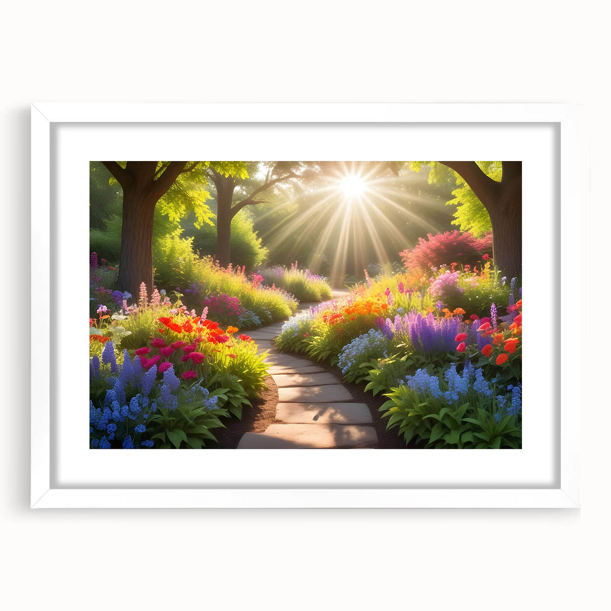 Framed wall art showcasing a serene landscape garden design, featuring vibrant colors and intricate details, presented with a white mat for a polished look. Ideal for home decor enthusiasts seeking nature-inspired artwork.