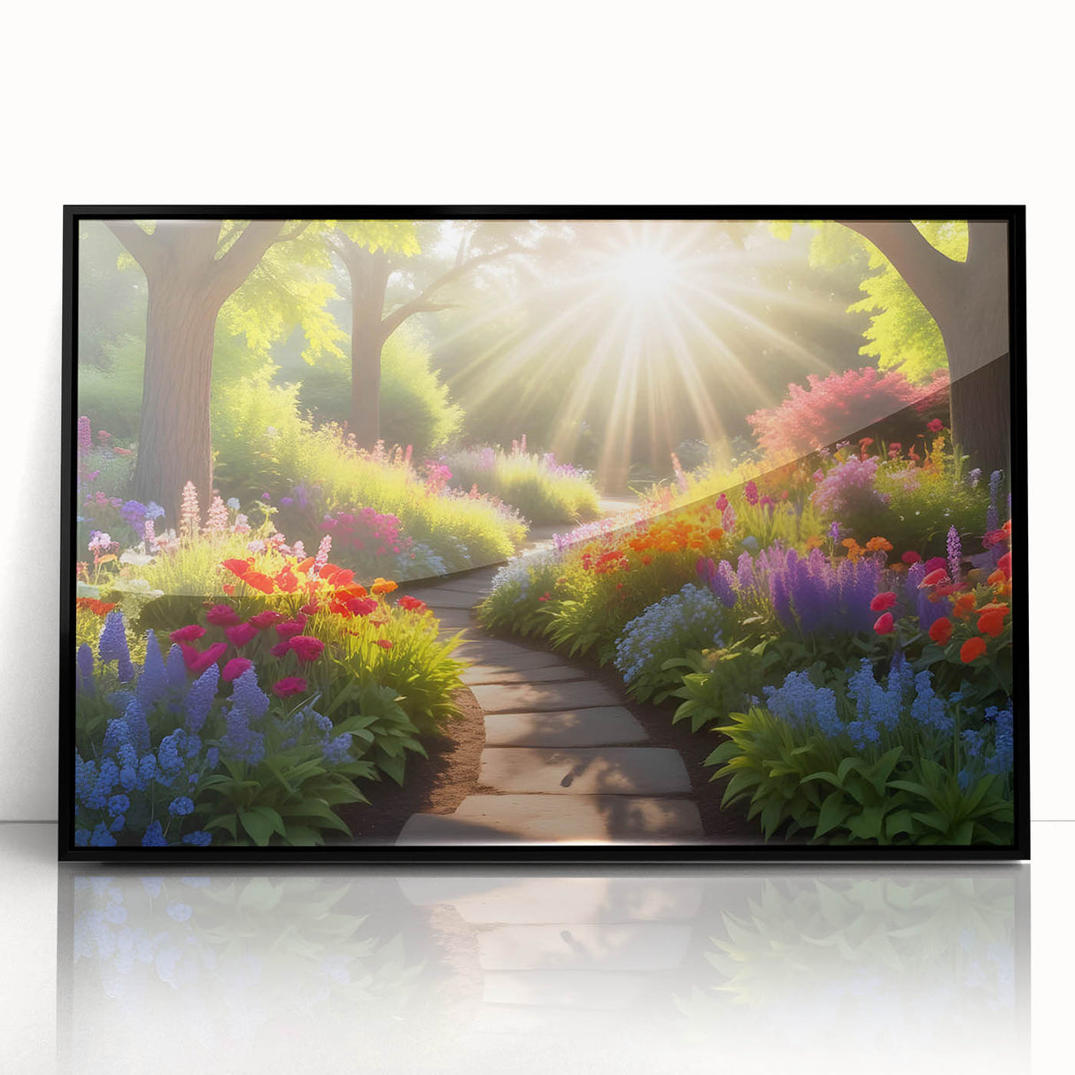 Framed acrylic wall art showcasing a vibrant landscape design with lush gardens, featuring a sleek black frame and appealing front view, perfect for home decor.