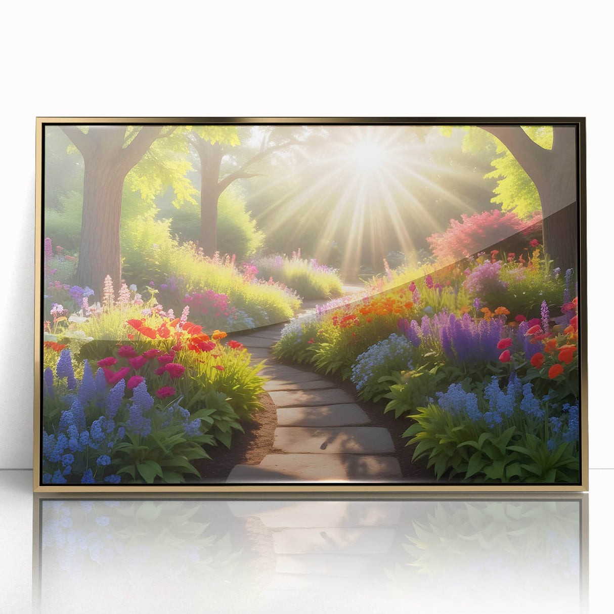 Framed acrylic wall art featuring a stunning gold landscape design, perfect for enhancing modern interiors with a touch of elegance and sophistication.