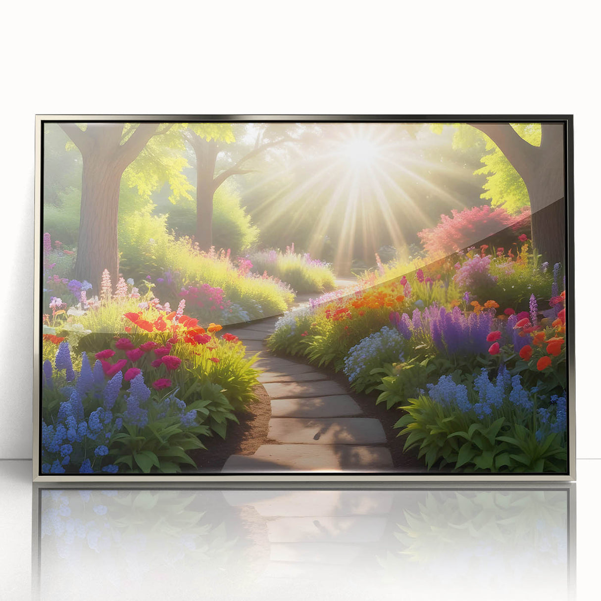 Framed wall art collection showcasing a vibrant garden landscape design in acrylic, featuring a silver frame and detailed botanical elements, perfect for home decor.
