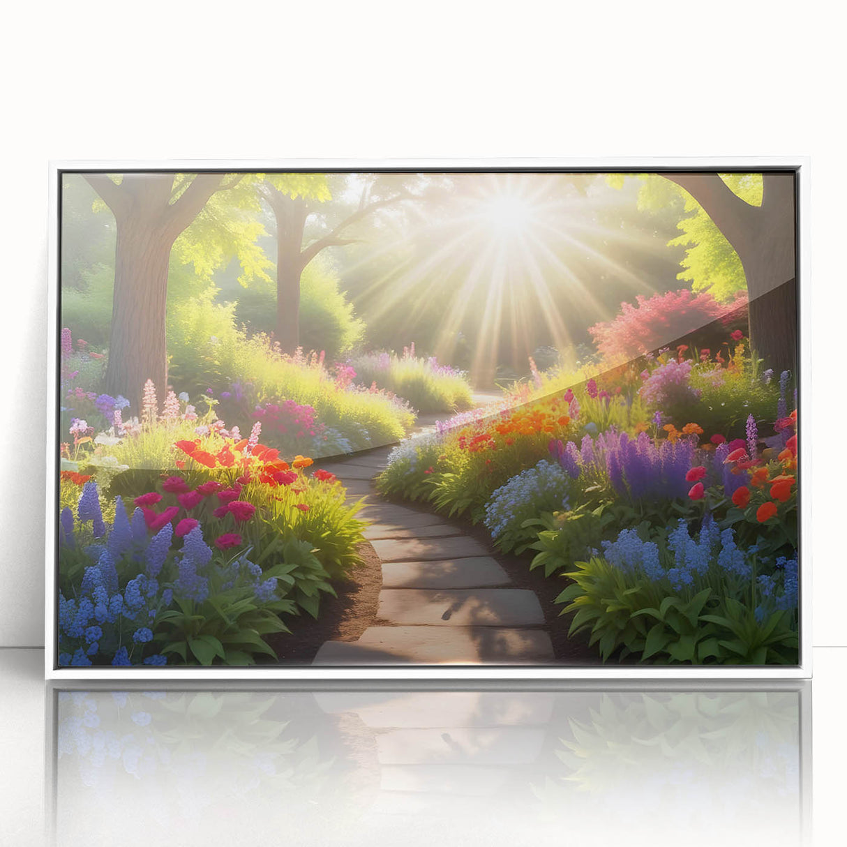 Framed acrylic wall art showcasing a serene landscape design, featuring lush greenery and vibrant colors, ideal for home decor and enhancing interior spaces.
