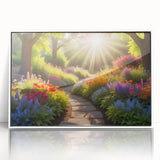 Framed acrylic wall art showcasing a serene landscape design, featuring lush greenery and vibrant colors, ideal for home decor and enhancing interior spaces.