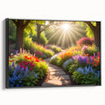 Framed canvas wall art showcasing a vibrant landscape garden design, featuring lush greenery and colorful flowers, presented in a sleek black frame for modern decor.