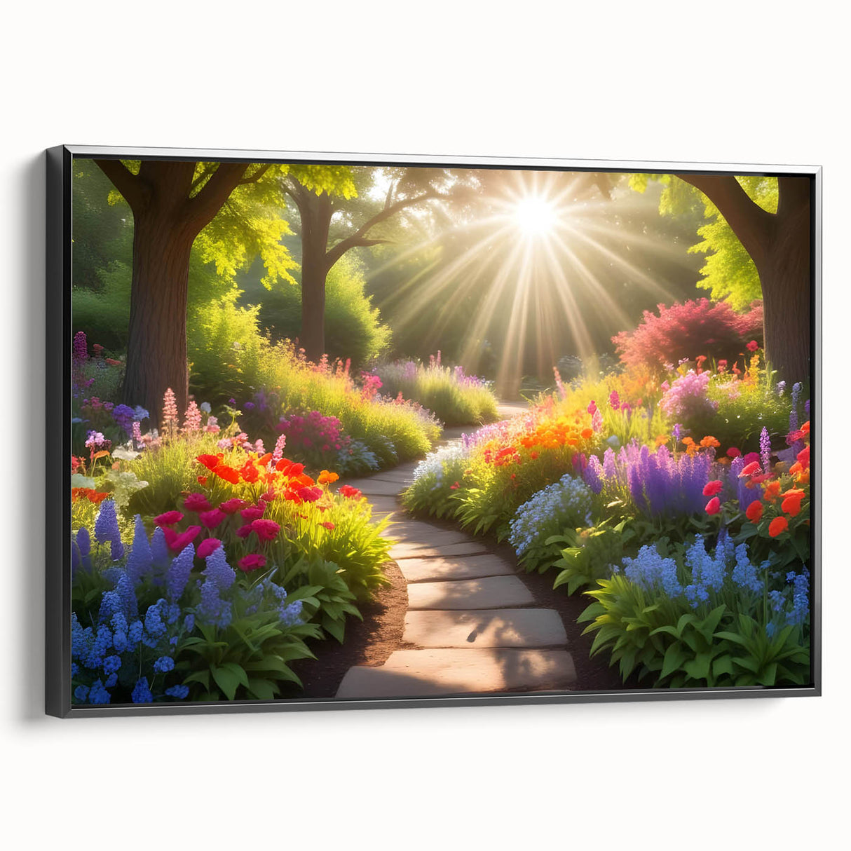 Framed canvas wall art showcasing a vibrant landscape garden design, featuring lush greenery and colorful flowers, presented in a sleek black frame for modern decor.