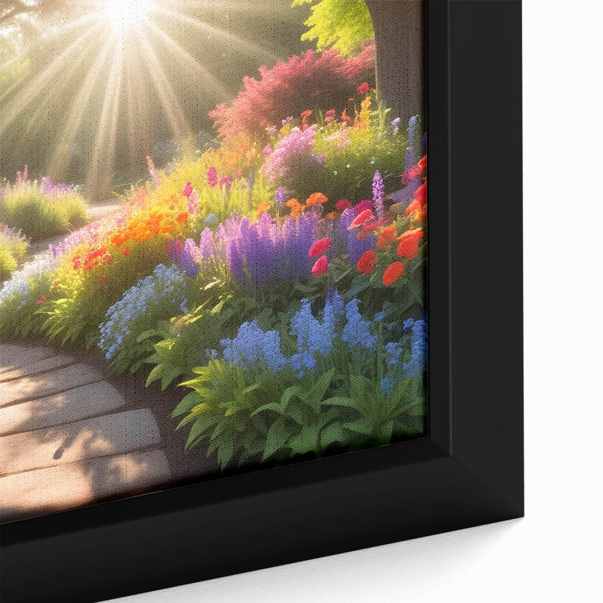 Framed canvas wall art showcasing a vibrant landscape garden design, featuring lush greenery and colorful flowers, perfect for home decor and nature enthusiasts.