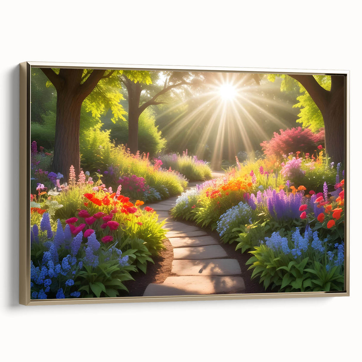 Framed canvas wall art showcasing a vibrant, modern landscape design with gold accents, perfect for enhancing home decor and adding a touch of elegance.