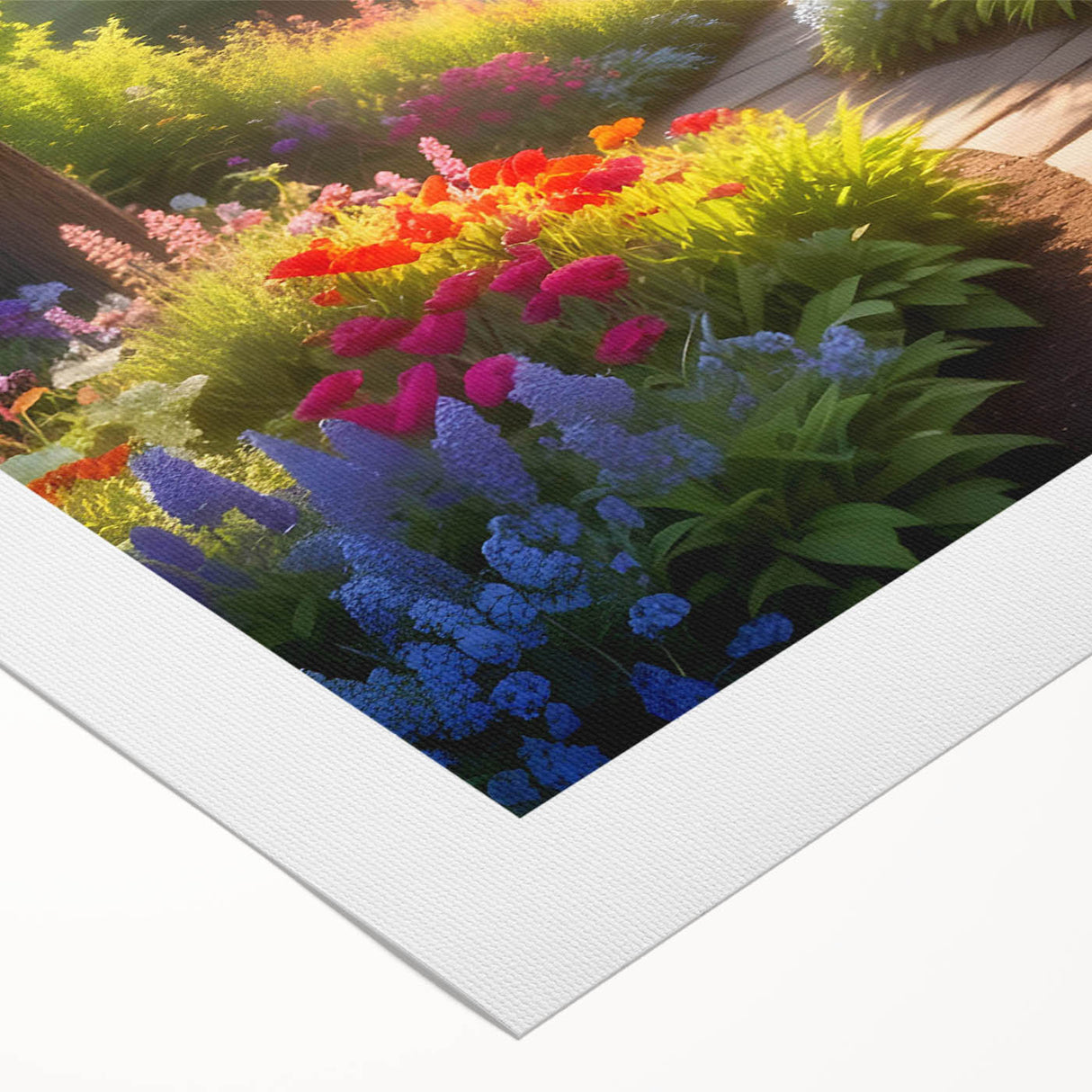 Vibrant rolled canvas artwork showcasing a serene landscape garden design, featuring lush greenery and colorful flowers, ideal for home decor enhancement.