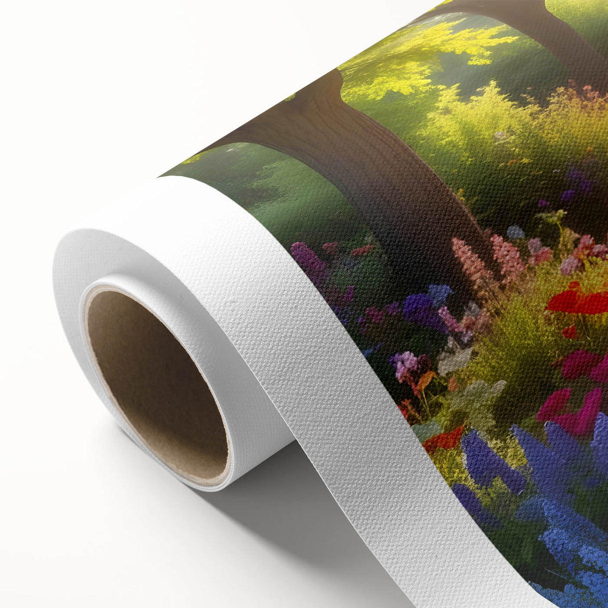 Vibrant rolled canvas showcasing a stunning landscape garden design, featuring lush greenery and colorful floral elements, packaged securely in a cardboard tube.