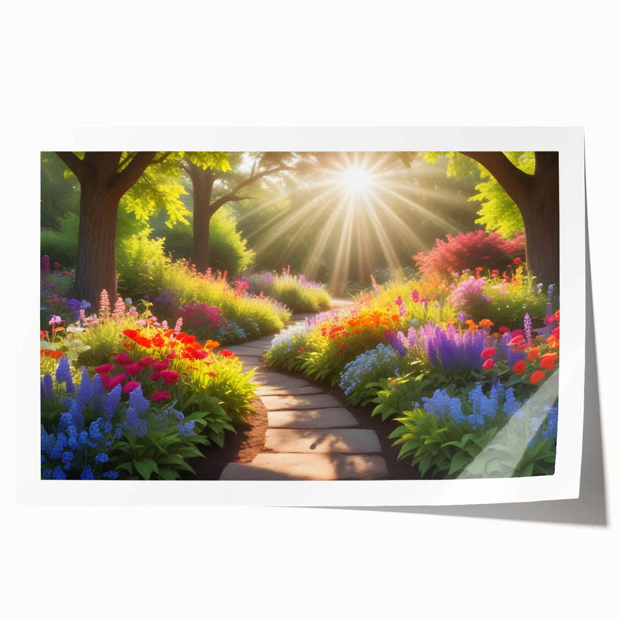 Colorful wall art print showcasing a vibrant landscape garden design, rolled for shipping in a protective tube, ideal for home decor and interior design enthusiasts.