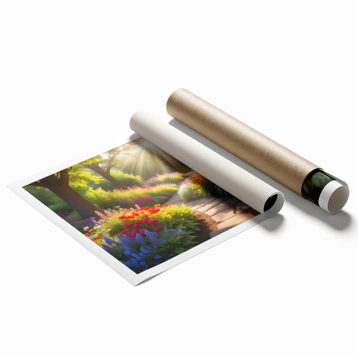 Rolled print showcasing a vibrant landscape garden design featuring lush greenery and colorful flowers, ideal for home decor or art collection. Perfect for adding a touch of nature to any interior space.