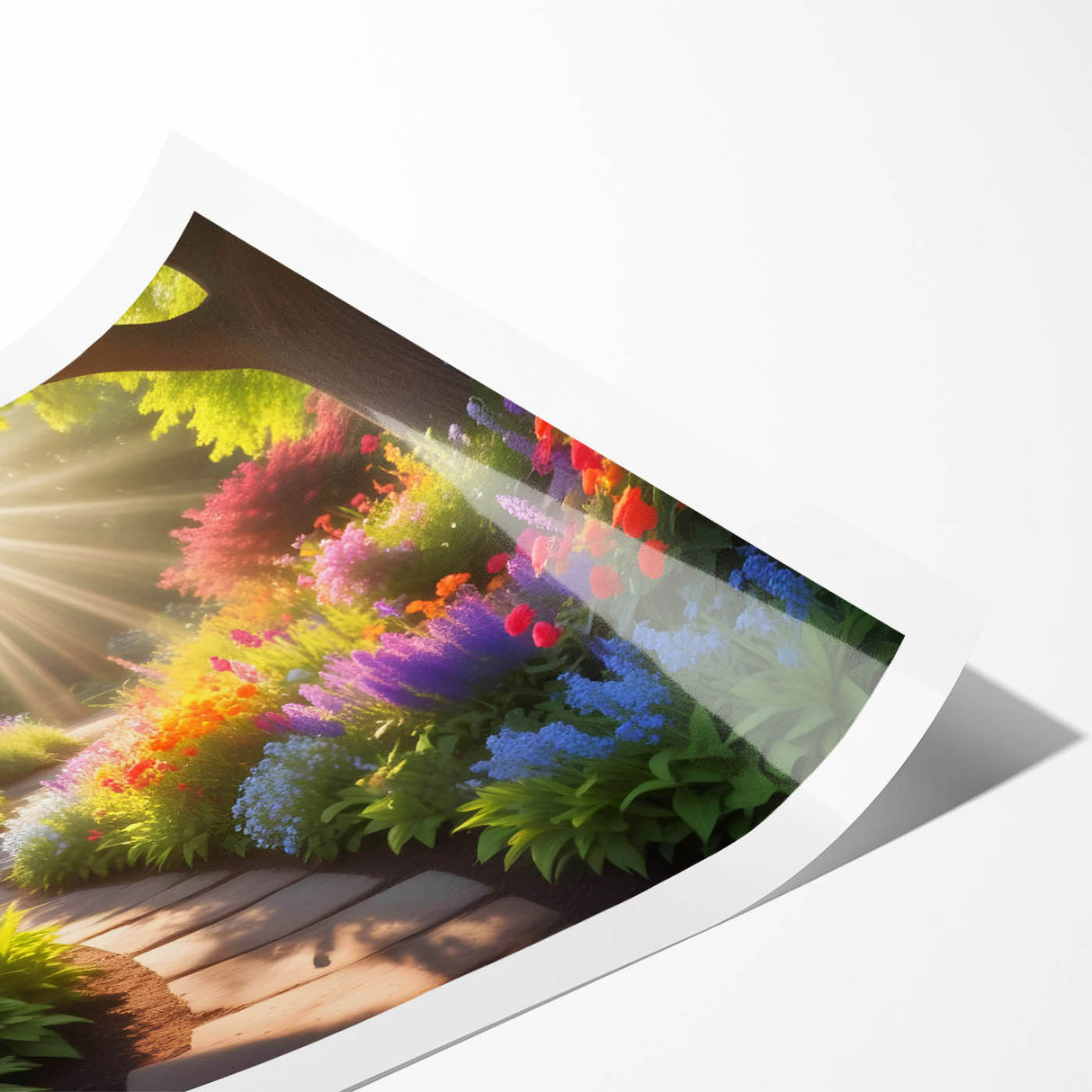 Vibrant rolled print of a serene garden landscape design, showcasing lush greenery and colorful flowers, perfect for enhancing interior decor with natural beauty.