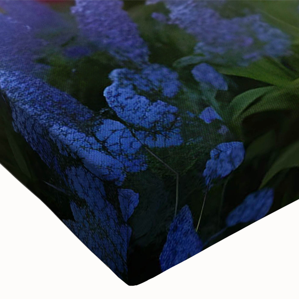 Close-up of a vibrant stretched canvas wall art piece showcasing a colorful landscape garden design, perfect for home decor and interior styling.