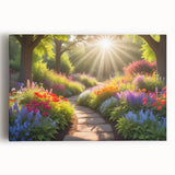 Vibrant stretched canvas artwork showcasing a stunning landscape garden design, featuring lush greenery and colorful flowers, perfect for home decor enhancement.