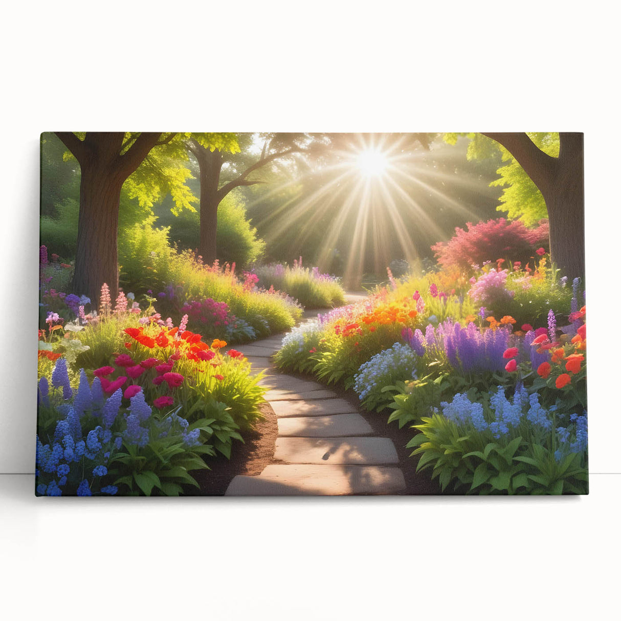 Stretched canvas wall art showcasing a vibrant landscape garden design, featuring lush greenery and colorful flowers, perfect for home decor.