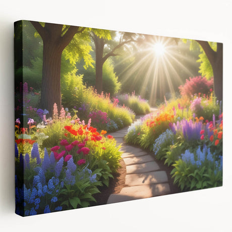 Stretched canvas wall art showcasing a vibrant landscape garden design, featuring lush greenery and blooming flowers, ideal for home decor enhancement.