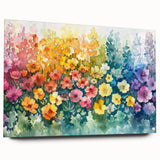 Acrylic glass wall art collection featuring vibrant landscapes and garden designs, displayed in a side view with decorative pins, ideal for home decor.