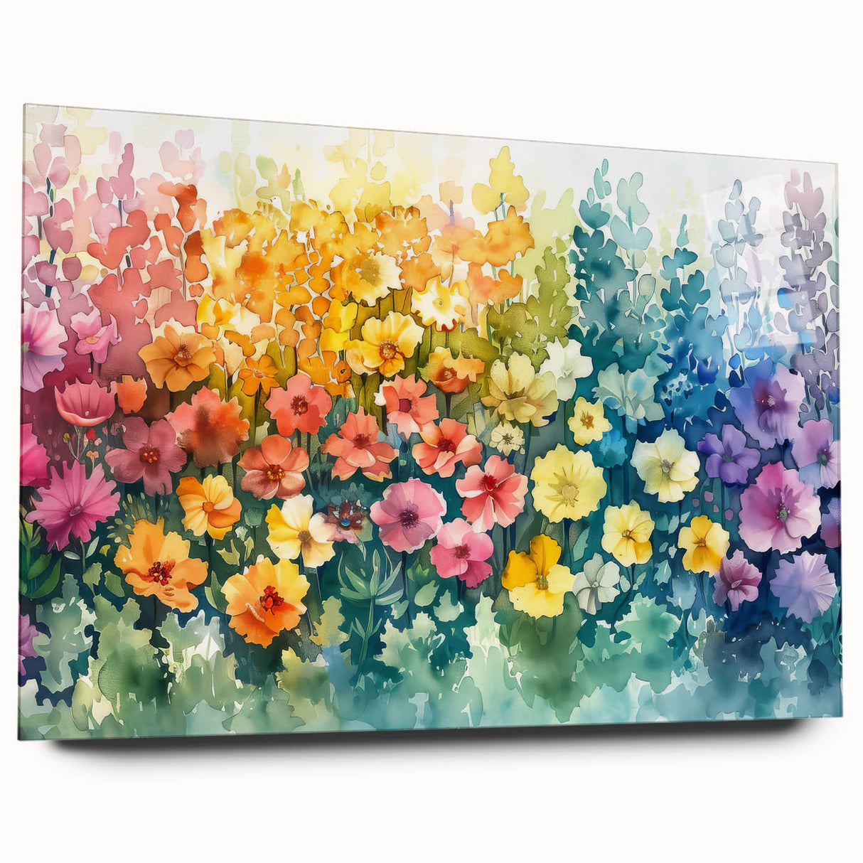 Acrylic glass wall art piece showcasing a vibrant landscape garden design, featuring lush greenery and colorful flowers, ideal for home decor.