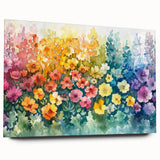 Acrylic glass wall art piece showcasing a vibrant landscape garden design, featuring lush greenery and colorful flowers, ideal for home decor.
