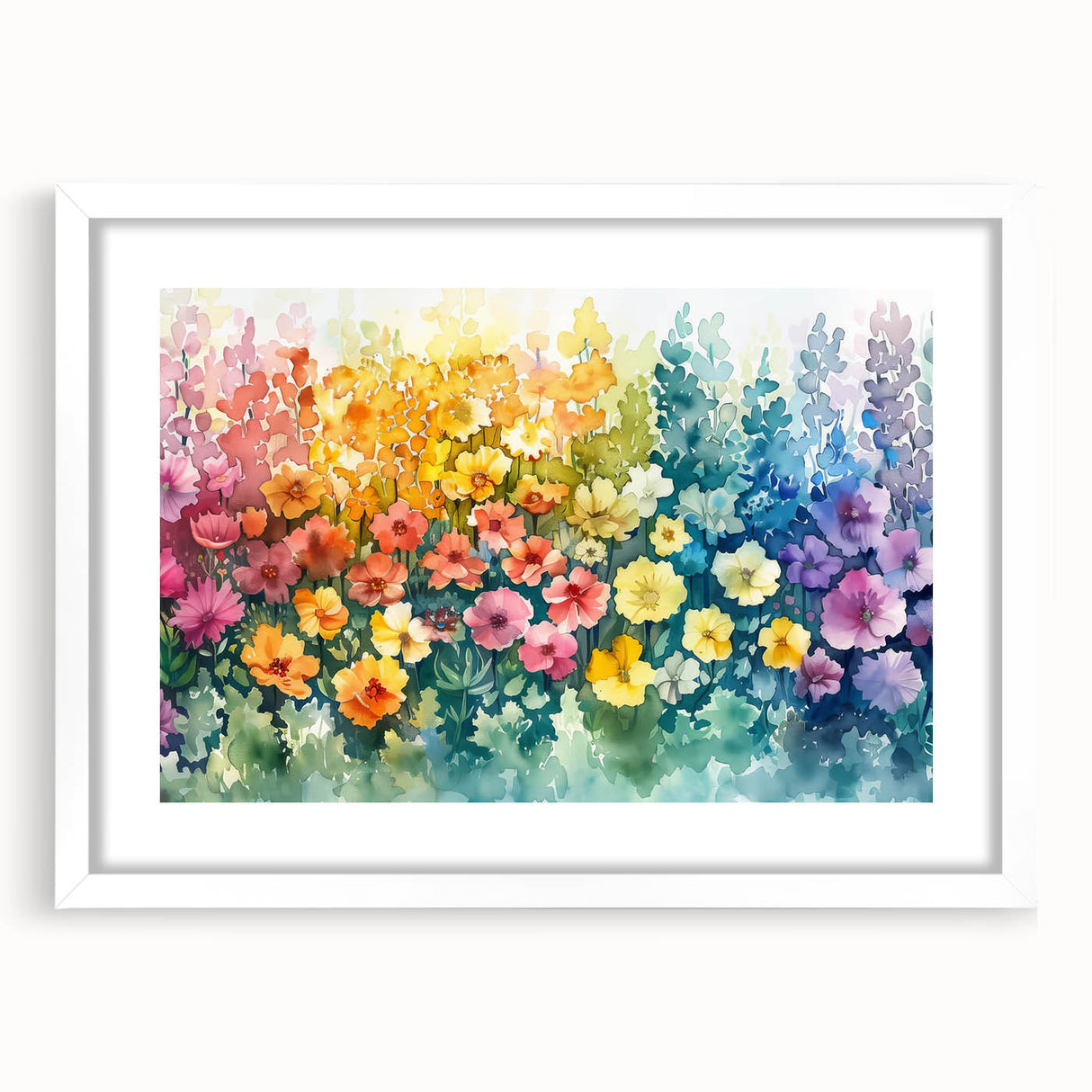 Framed wall art showcasing a vibrant landscape garden design, featuring lush greenery and colorful flowers, with a crisp white mat and frame, ideal for home decor.