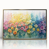 Framed wall art piece showcasing a stunning landscape garden design, featuring vibrant colors and intricate details, set in an elegant gold frame for a sophisticated touch.