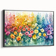 Framed canvas wall art showcasing a serene landscape design with vibrant colors and intricate details, set against a sleek black frame, ideal for modern home decor.