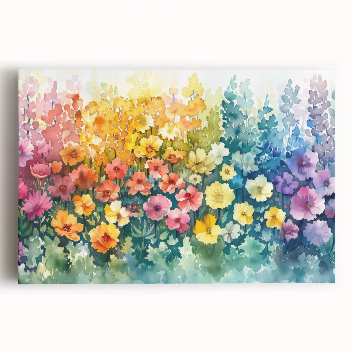 Stretched canvas wall art showcasing a vibrant landscape garden design with rich colors, perfect for home decoration or office aesthetics. Ideal for nature enthusiasts.