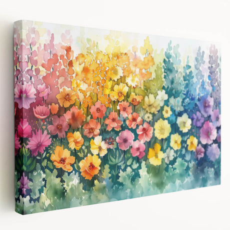 Stretched canvas wall art showcasing a vibrant landscape garden design, featuring lush greenery and colorful flowers, perfect for home decor enhancement.