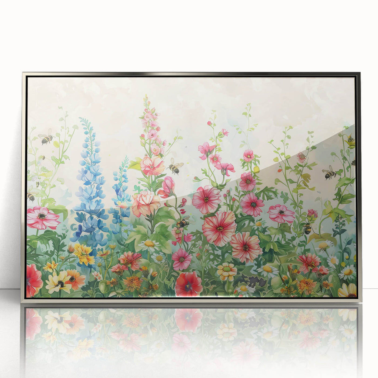 Framed acrylic wall art showcasing a modern landscape garden design in elegant silver, perfect for enhancing home decor with a touch of sophistication.