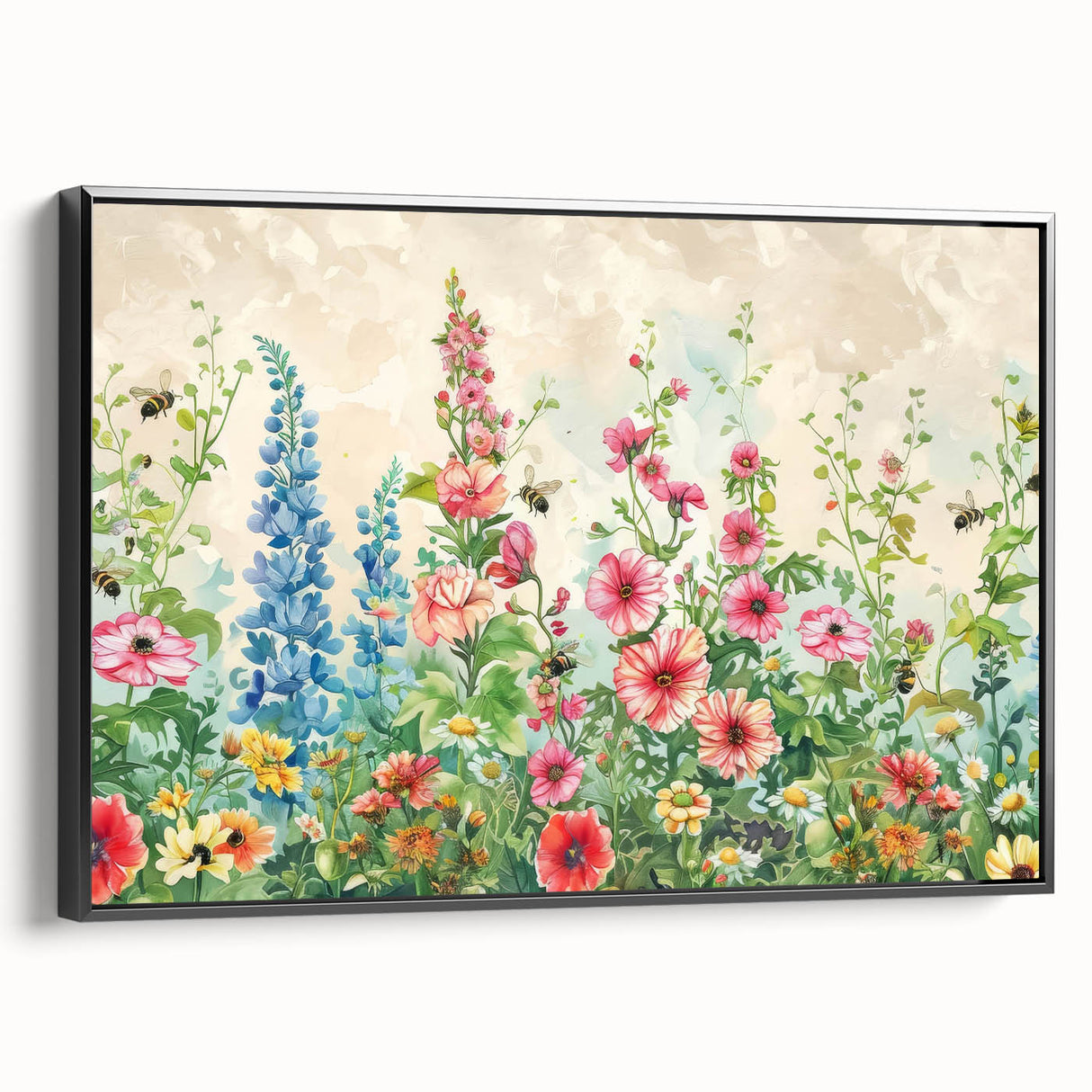 Framed wall art collection showcasing a stunning landscape and garden design, featuring vibrant colors and intricate details, displayed from a black side view.