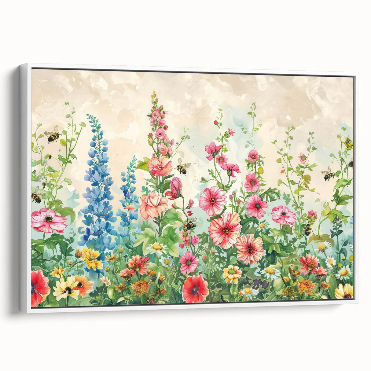 Framed canvas wall art showcasing a vibrant botanical landscape design, featuring lush greenery and colorful flowers, presented from a white side view to highlight its elegant frame. Perfect for enhancing living spaces with a touch of nature-inspired decor.