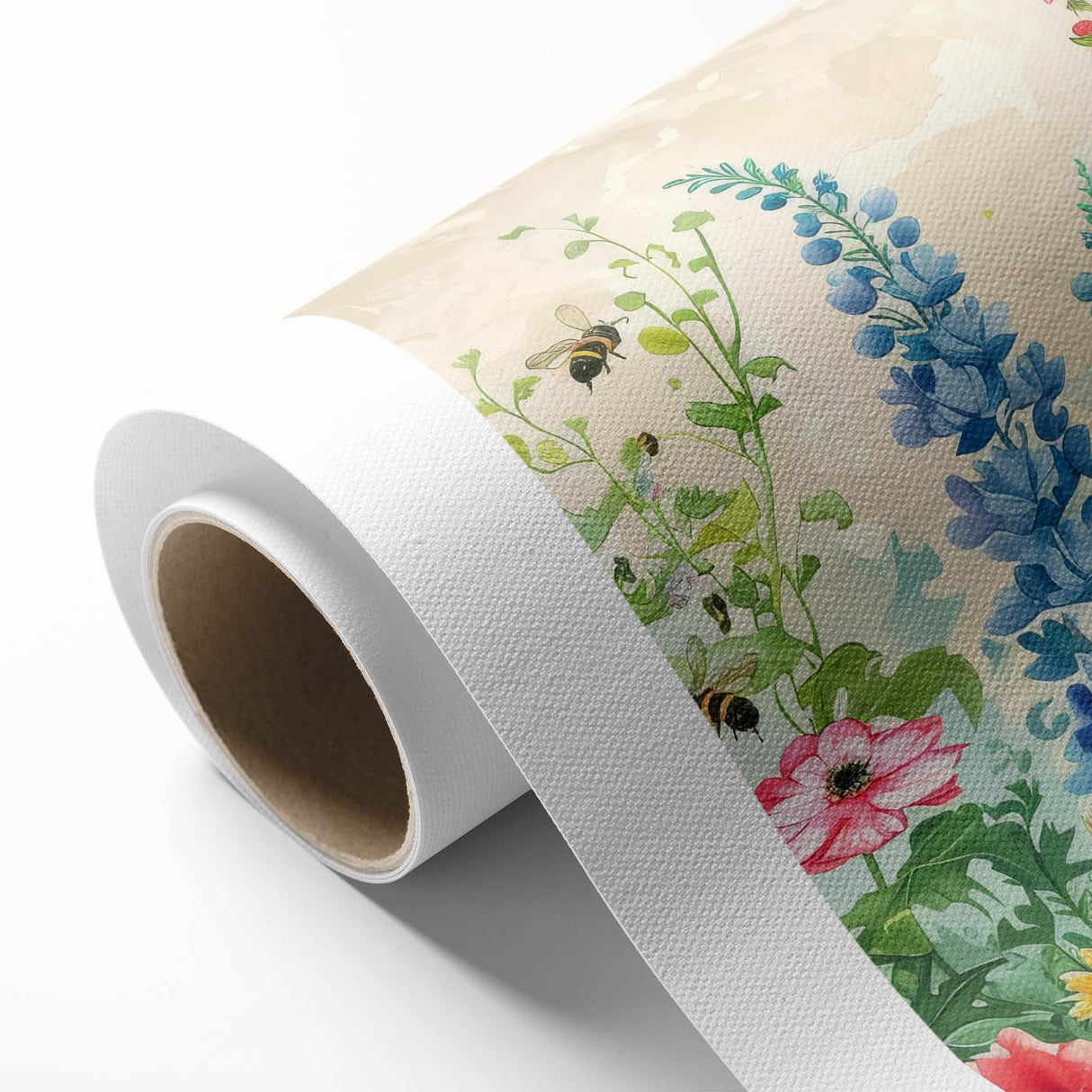 Rolled canvas artwork showcasing a vibrant landscape garden design, featuring rich colors and intricate details, ideal for home decor or artistic display.