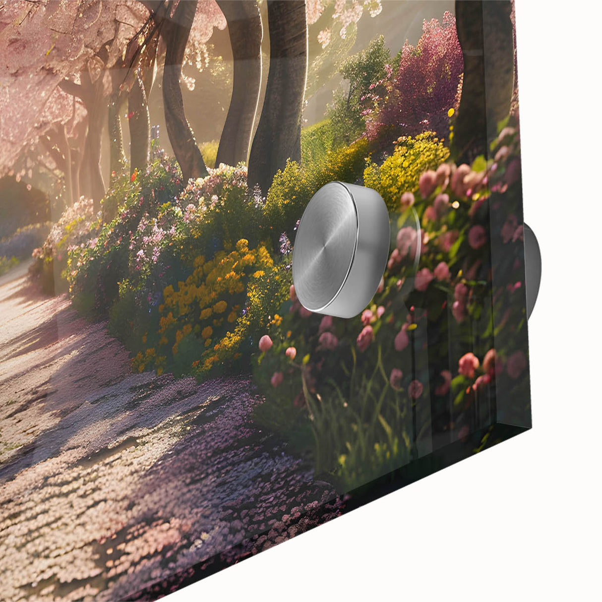 Close-up of a vibrant acrylic glass wall art piece showcasing an abstract landscape design with rich colors, perfect for modern home decor.