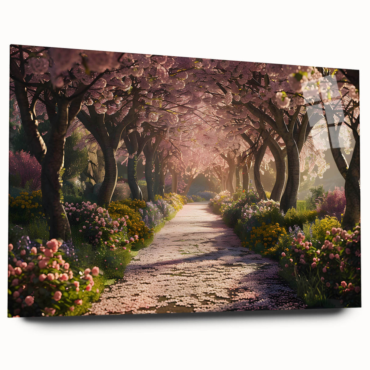 Acrylic glass wall art featuring a vibrant landscape garden design, showcasing colorful flora and intricate details, presented without pins for a sleek look.