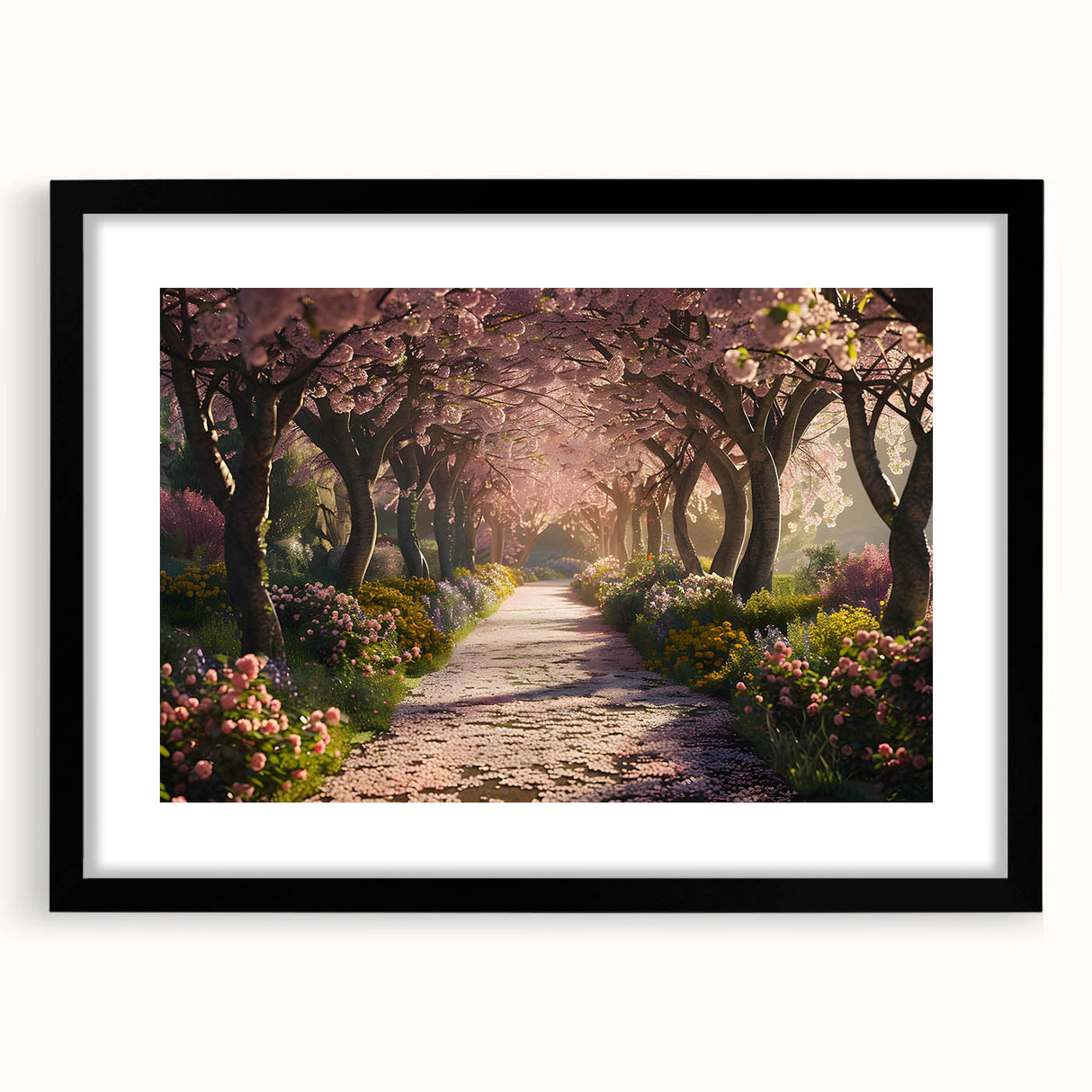 Framed wall art collection featuring a scenic landscape design with vibrant colors, set in a sleek black frame with a white mat, perfect for home decor.