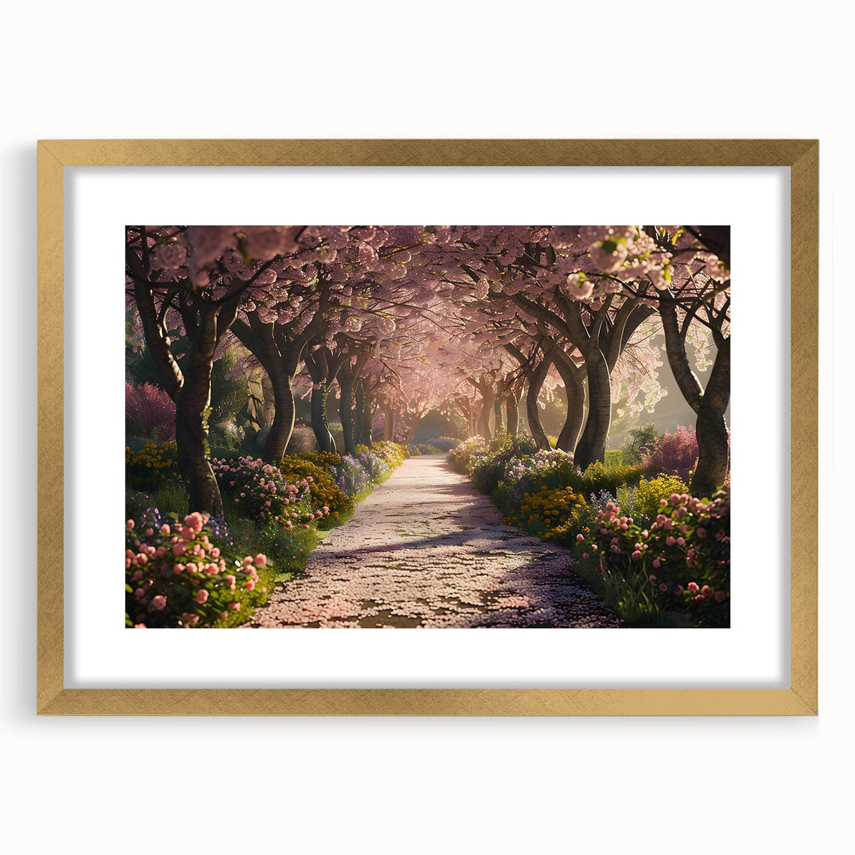 Elegant gold-framed wall art collection showcasing vibrant landscape and garden designs, featuring a mat for added depth and a sophisticated touch, ideal for home decor.