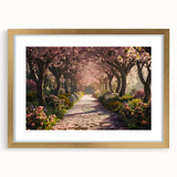 Elegant gold-framed wall art collection showcasing vibrant landscape and garden designs, featuring a mat for added depth and a sophisticated touch, ideal for home decor.