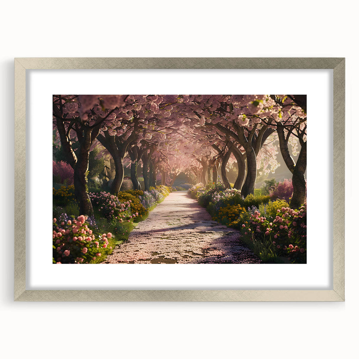 Framed silver wall art collection showcasing stunning landscape and garden designs, featuring a sleek mat and elegant front view, perfect for home decor.