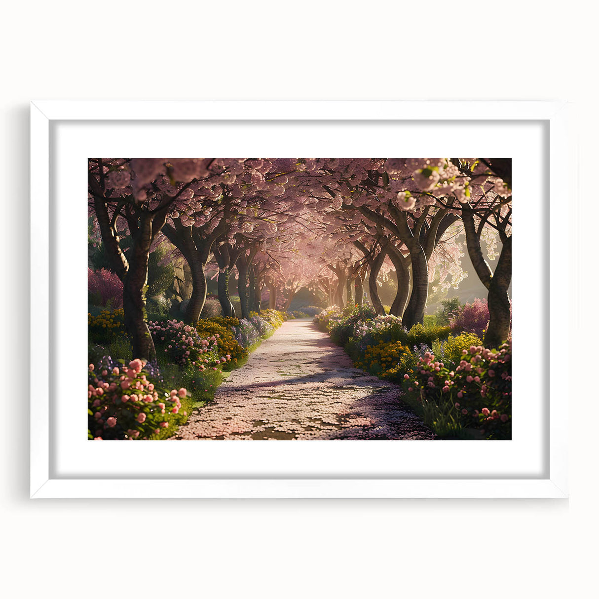 Framed wall art collection showcasing elegant landscape and garden designs, featuring a white mat and sleek frame, perfect for home decor enhancement.