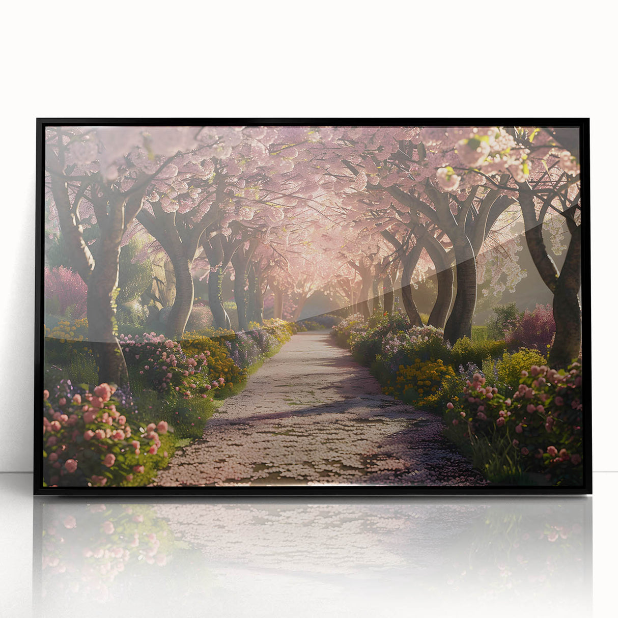 Framed acrylic wall art collection showcasing a stunning landscape and garden design with a sleek black frame, perfect for modern home decor.
