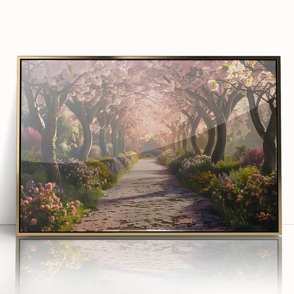 Framed acrylic wall art featuring a stunning landscape garden design with gold accents, perfect for enhancing home decor. Ideal for nature lovers and art collectors.