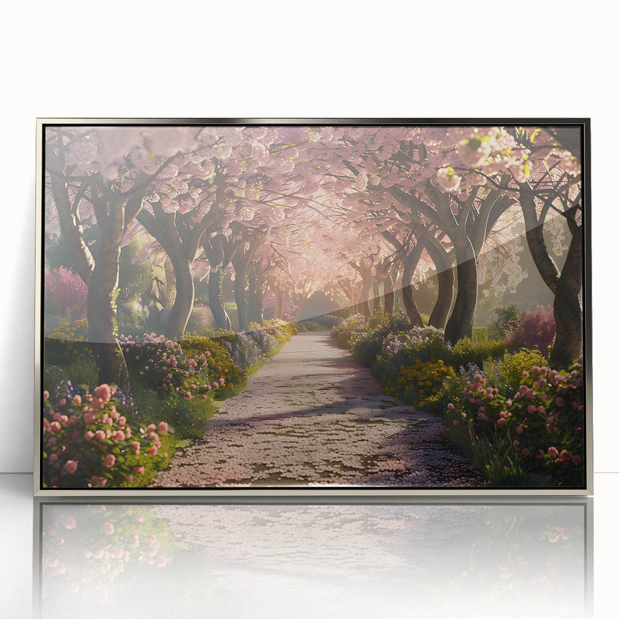 Framed acrylic wall art showcasing a vibrant landscape garden design, with a sleek silver frame enhancing the artwork's colors and details. Perfect for home decor.