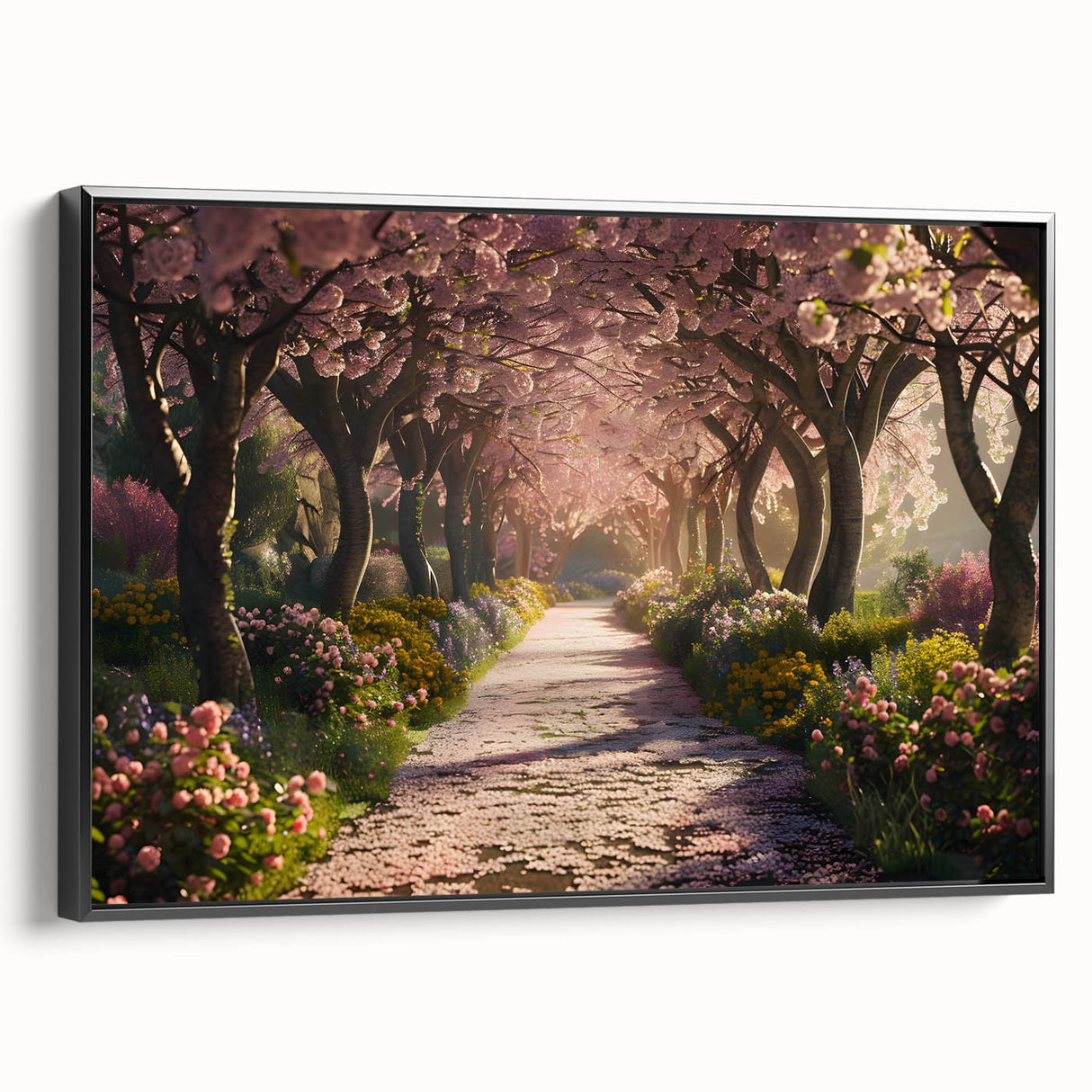 Framed canvas wall art collection showcasing a serene landscape garden design with vibrant colors and intricate details, viewed from the side against a neutral background.