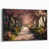 Framed canvas wall art collection showcasing a serene landscape garden design with vibrant colors and intricate details, viewed from the side against a neutral background.
