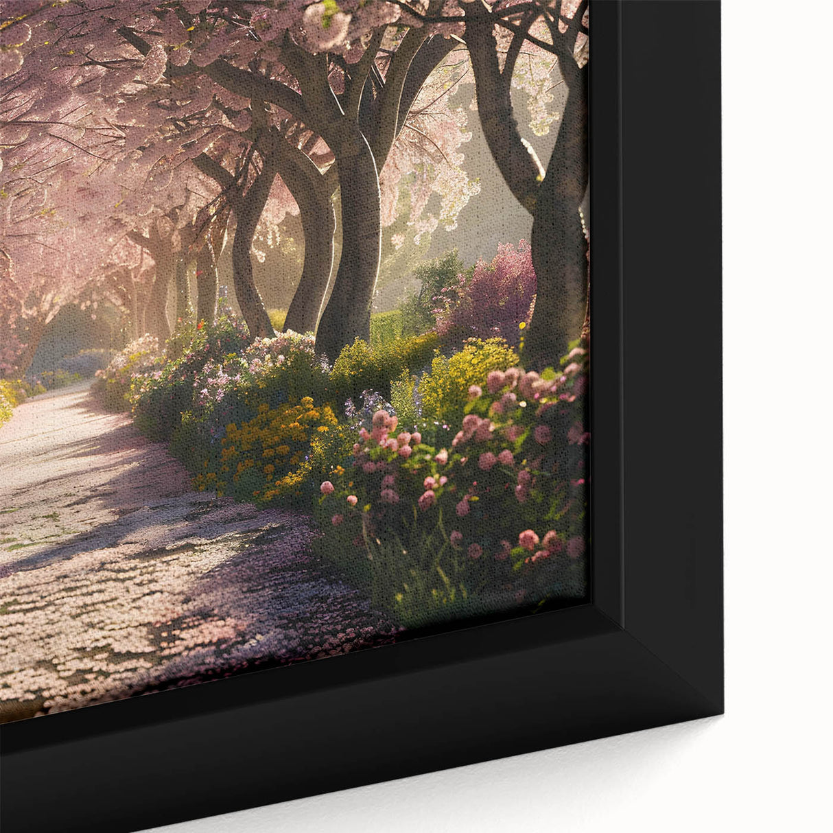 Framed canvas close-up showcasing a vibrant abstract landscape garden design, featuring lush greens and vivid blues, ideal for home decor enhancement.