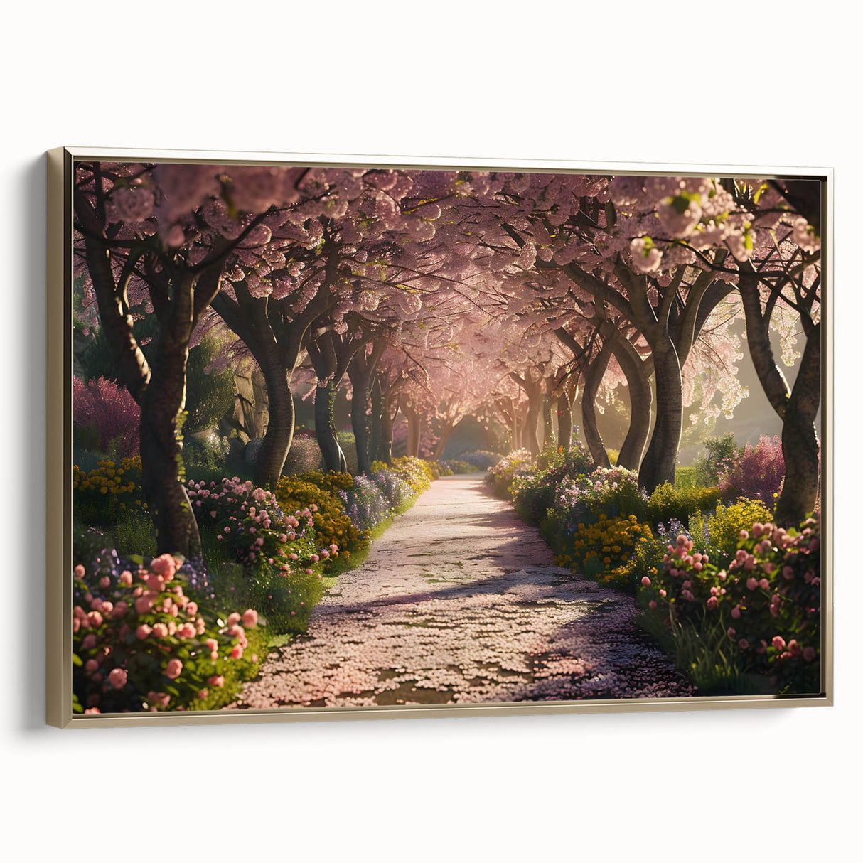 Framed canvas wall art showcasing a stunning landscape garden design in vibrant colors, featuring a gold frame and side view perspective, ideal for home decor.